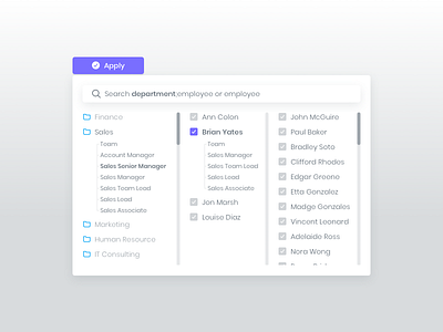 Department/employee selection widget analytics calendar chart chat dashboard data keyword report sentiment transcript website widget