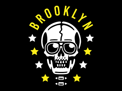 Brooklyn skull. art brooklyn design district emblem glasses hand drawn illustration poster print retro skeleton skull star t shirt design typography usa vector vintage yellow