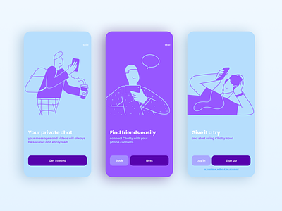 Chatty — onboarding app screens animation app blue carousel design introduce mobile onboarding screen splash tutorial ui ux violet walkthrough