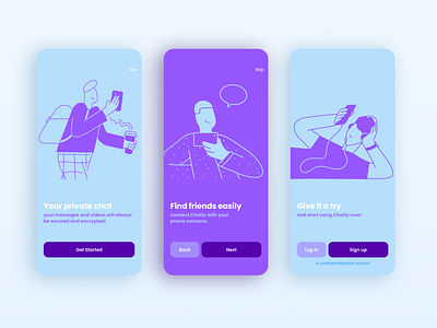 Chatty — onboarding app screens animation app blue carousel design introduce mobile onboarding screen splash tutorial ui ux violet walkthrough