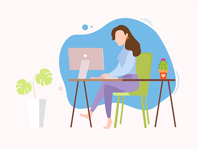 Woman sitting on the chair working on the laptop. digital flat style freelance home laptop work