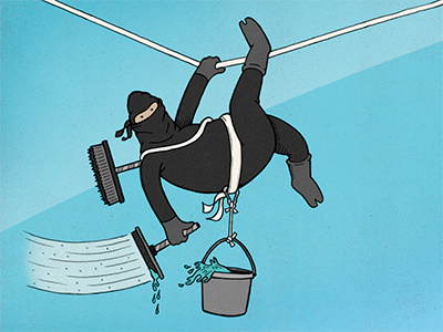 Window Ninja illustration black blue bucket character drawing glass illustration ninja robby davis rope window