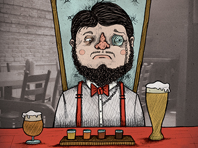 The Beer Snob beer beer flight bow tie character drawing illustration monocle robby davis suspenders texture
