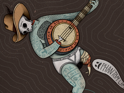 Pick or die. amputee banjo bones cowboy boots cowboy hat drawing hand drawn hand made illustration mechanical phantom limb robby davis tattoos texture tighty whities unicycle