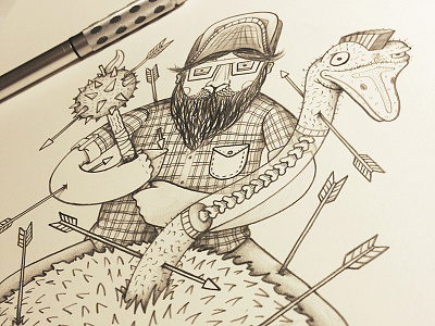 Beer label illustration in progress arrows bones drawing hops illustration in progress mace orange ostrich pencil plaid process robby davis sketch