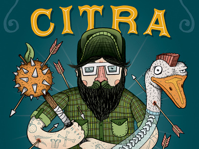 Citra Ass Down against the grain arrows beer beer label bones bottle brewery citrus illustration ipa mace ornage ostrich process robby davis weapons