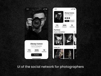 UI of the social network for photographers app background black button camera design designercyprus designerminsk fashion mobileapp photo photographer socialnetwork trends ui uidesigner userprofile ux white