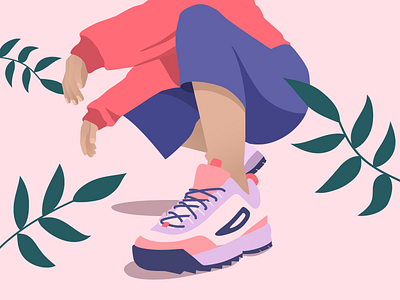 A E S T H E T I C - 3 - flat flatillustration girl illustration leaves pink shoes sneakers street style woman