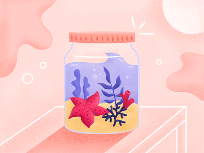 Seabed in a jar bubble coral flat flat desig flat illustration jar noise pink sand sea seabed seaside seaweed starfish summer sun water wave