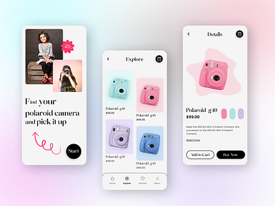 Camera Shop Mobile App android design app design app screen design branding buy and sell app camera shop app design ecommerce app full app design ios screen design landing page mobile app polaroid camera shop shop app shopping app ui ui ux design uiux website design