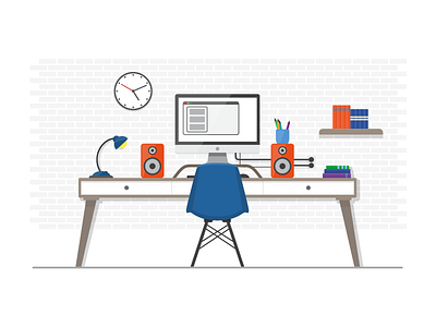 Office desk flat illustration imac office room speakers