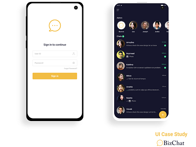 BizChat - Mobile App app design business app chat app communication app jewellery chat app latest app design minimalistic app design mobile app ui ux yellow color app design