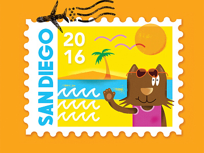 San Diego Travel Stamp beach california cat illustration postcard san diego sunshine waves