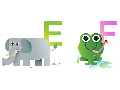 E & F alphabet character childrens clean colorful design flat illustration kids poster print