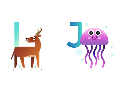 I & J alphabet character childrens clean colorful design flat illustration jellyfish kids poster print