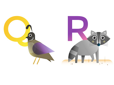 Q & R animals childrens colorful design flat fun happy illustration kids quail raccoon vibrant