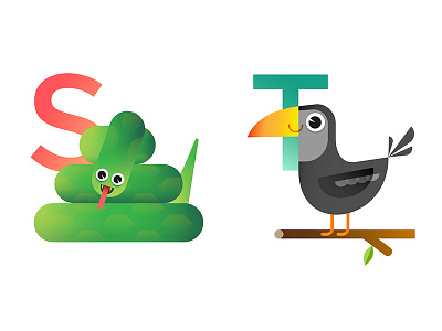 S & T alphabet animals baby character childrens flat illustration kids snake toddler toucan vector