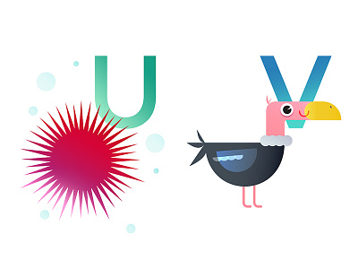 U & V alphabet animals baby character childrens flat illustration kids urchin vector vulture