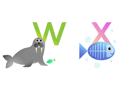 W & X alphabet animals baby character childrens fish flat illustration kids vector walrus