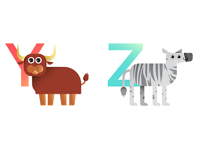 Y & Z alphabet animals baby character childrens flat illustration kids vector yak zebra