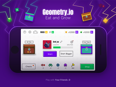 Geometry.io App .io app chest coin game gem glow io neon purple ui uiux