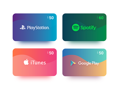 Gift Cards application card cards colorful design gift card google play itunes playstation spotify ui