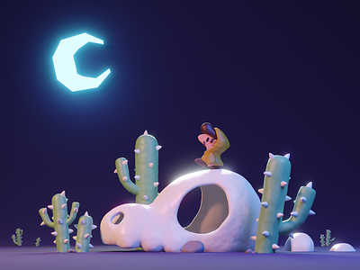 Nighttime Walk 3d modeling blender cactus character clayrender desert illustration moon night skull