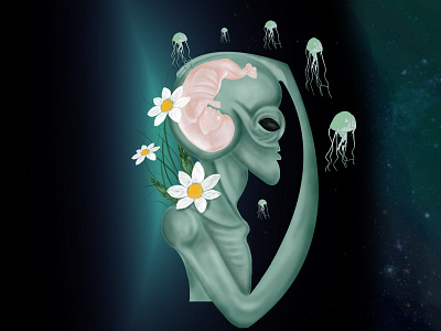 Where are we from? 2d 3the fetus adobe alien brain creative digital art flowers green hug illustraion illustration jellyfish kids love moon photoshop pregnant psd space