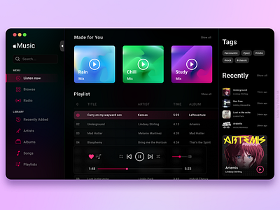 Apple Music Concept (Dark theme) apple gradients mesh gradient music player sidebar song ui ux