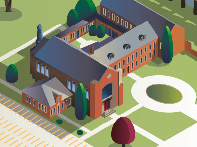 Campus Map architecture building church grass illustration iso isometric landscape model render school trees vector