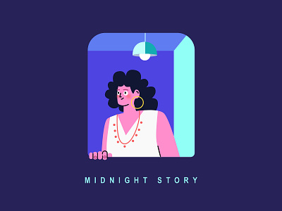 Midnight Story - blue blue female flat illustration light lover night people story window