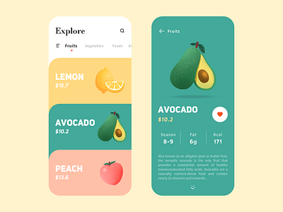 Fruit Store App design app app design avocado food fruits green illustration lemon peach pink store ui vegetable yellow