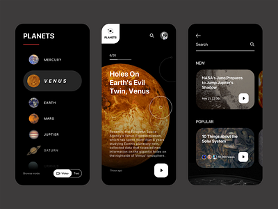 Planet News - App design design earth jupiter mars mercury news news app planet planets saturn solar system ui universe venus video