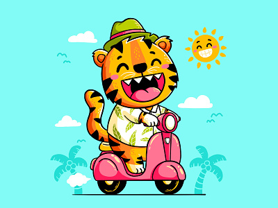 Happy riding animal cartoon character colorful cute graphic design illustration ride riding tiger vespa