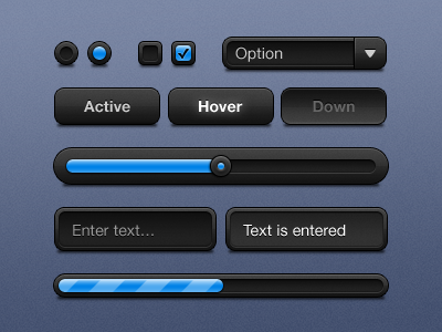 Black UI Elements black blue checkbox elements interface progress radio select slider textbox ui