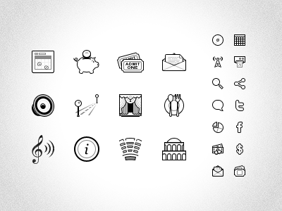 Grayscale Icon Set broadcast calendar cd distance gray icons letter magnifier mini money pig printer speaker tickets