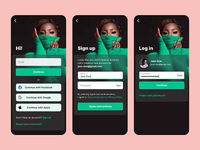 Mobile app login screen and sign up flow