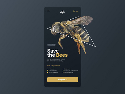 Save the bees - mobile landing bee bees clean dark ui home interface landing landing design landing page ui landingpage landingpage design minimal minimalist responsive save the bees ui ux