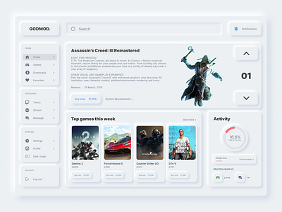 GODMOD gaming website concept design using neumorphism concept design experience figma interaction interface photoshop ui userexperience ux vector webdesign website