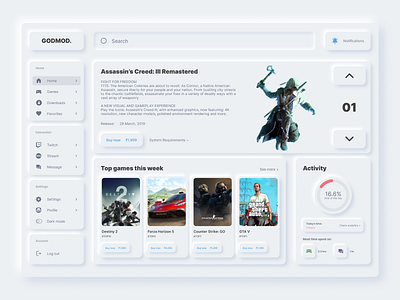 GODMOD gaming website concept design using neumorphism