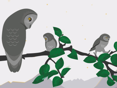 Owls baby owls branch illustration illustrator kids mountains night owl simple stars tree