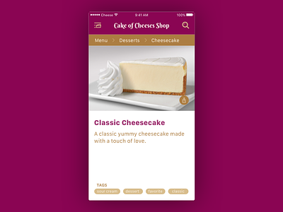 Daily UI 43 Food/Menu app cheesecake food gold ios yummy