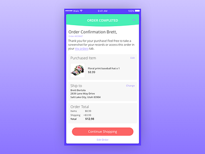 Daily UI 54 Confirmation app hat order purchase purple