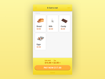Daily UI 58 Shopping Cart app bread cart eggs milk yellow
