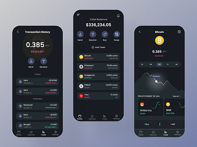 Tesseract's Wallet, Transaction History and Trading Screens app crypto crypto app crypto trading crypto wallet design figma fintech fintech app fintech design history product design trading trading design transaction history ui uidesign ux ux design uxui