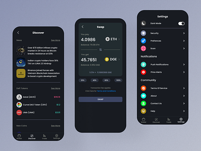Discovery, Swapping and Settings screen app crypto crypto news crypto swap cryptocurrency cryptowallet design figma new coins swap swapping ui ui design uiux ux ux design uxui uxuidesign