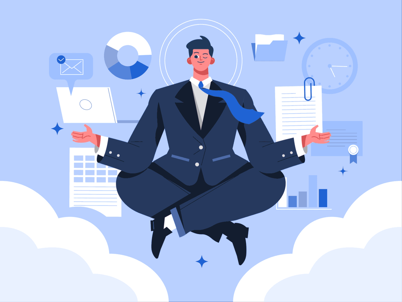 Business Man Meditating 2d animation blue character flat graphic design illustration