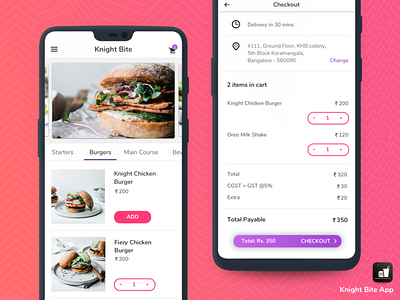 Knight Bite - Late Night Food Delivery App android app bangalore burger button carousel food food delivery india ios menu minimal app mobile pink sketch swiggy ubereats uiux white