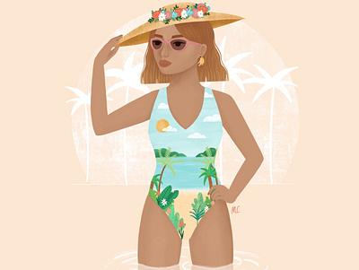 Summer suit beach design illustration portrait summer woman