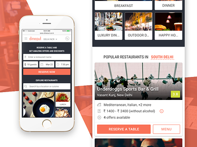 dineout - Home Page / Landing Page #2 android booking dinning events food home ios mobile msite reservations restaurants table